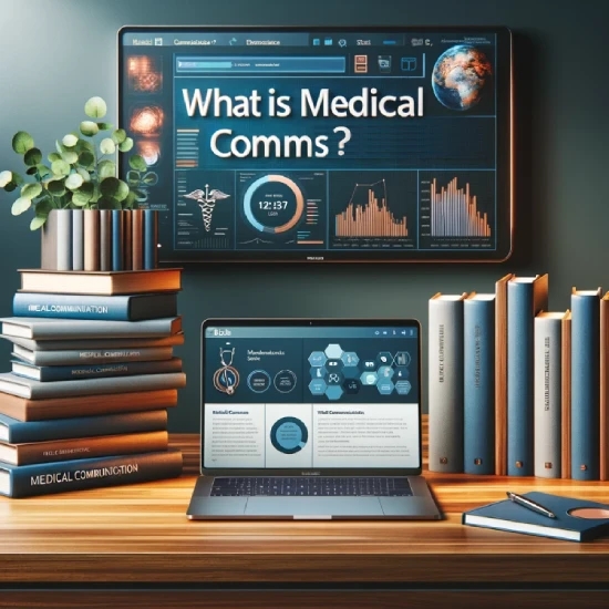 WaveMed what is medical communications - a turned on laptop and a large screen displaying a presentation slide containing the text "What is Medical Comms?"